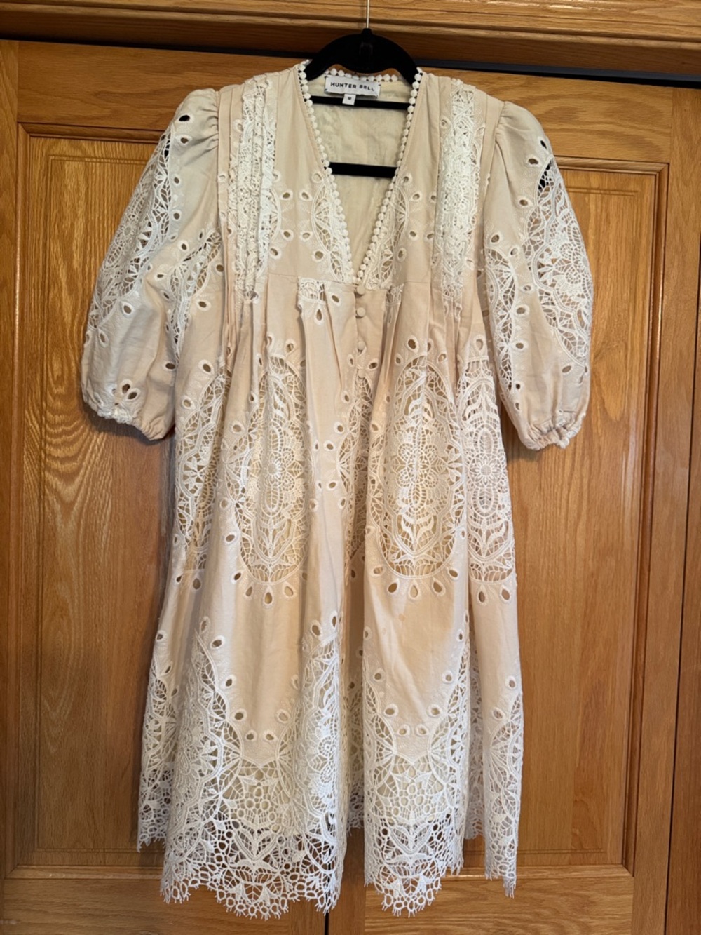 HUNTER BELL Cream Eyelet Lace Mini Dress with Puff Sleeves Size M